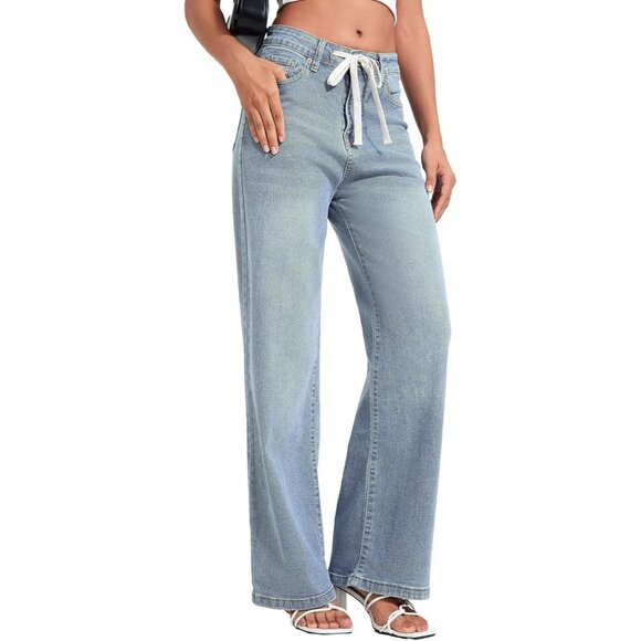 Womens High Waist Wide Leg Denim Jeans Drawstring Casual Cotton Polyester - Picture 5 of 7